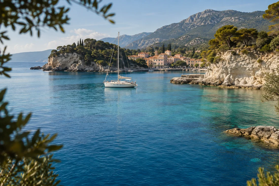 Illustrative Mediterranean bay with a sailing yacht